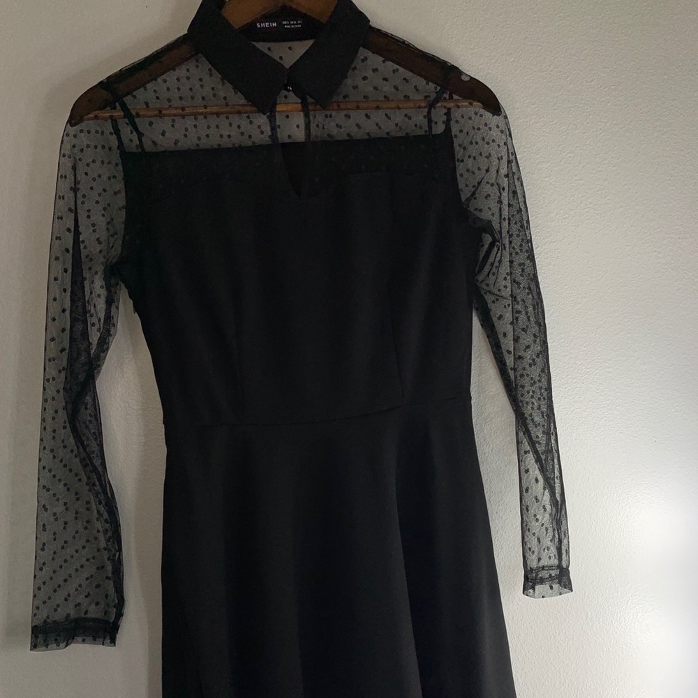 SHEIN black collared dress sheer polka dot sleeves